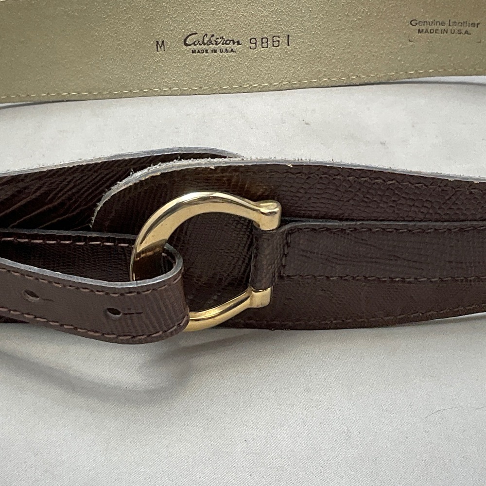 Calderon Belt Women Medium Brown Excellent Lizard Embossed Leather Gold Buckle